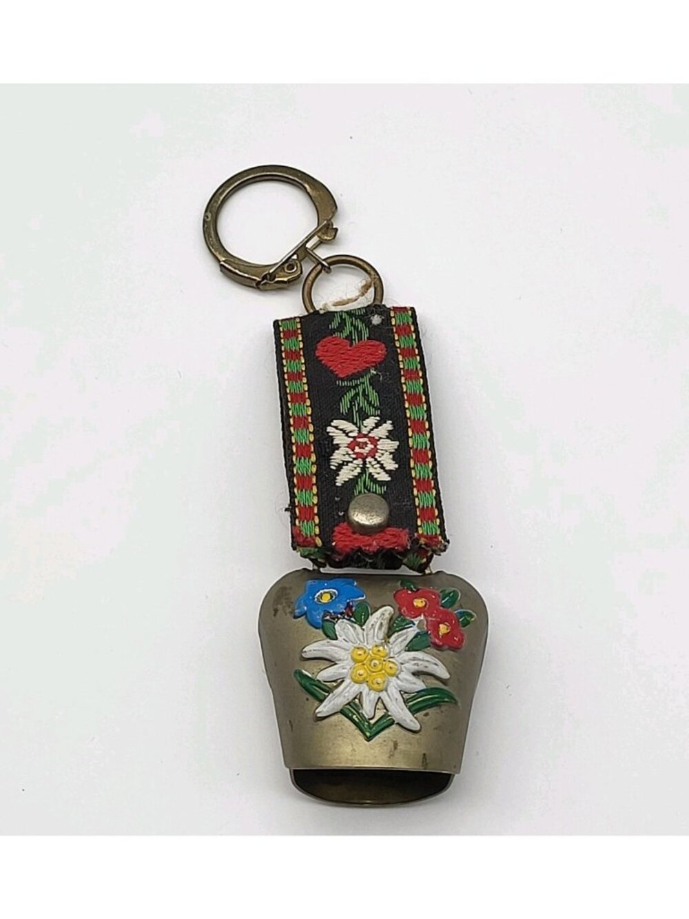 Vintage Switzerland Brass Enamel Bell Keychain Travel Souvenir